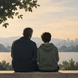 Pai e filho adolescente sentados lado a lado, de costas, olhando a paisagem